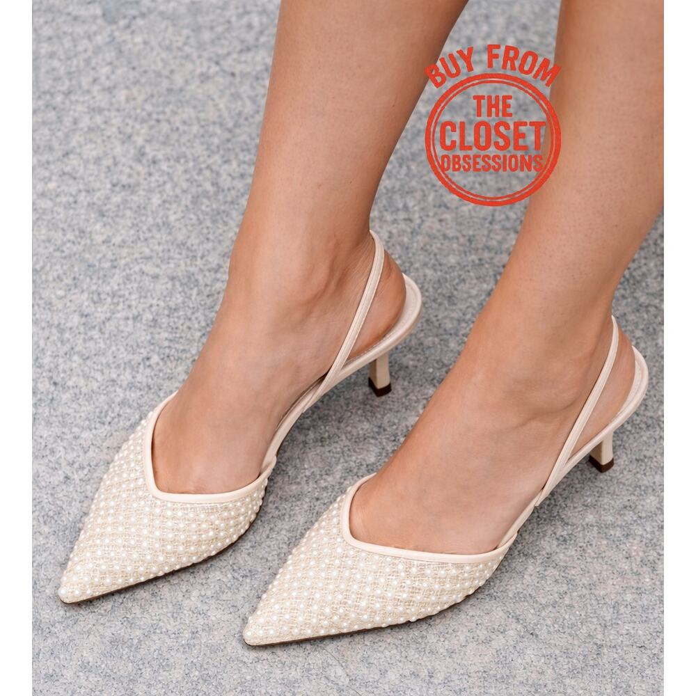 ZARA Pearl Embellished Slingback Heels Ivory Bridal Pointed Toe Pumps NWT